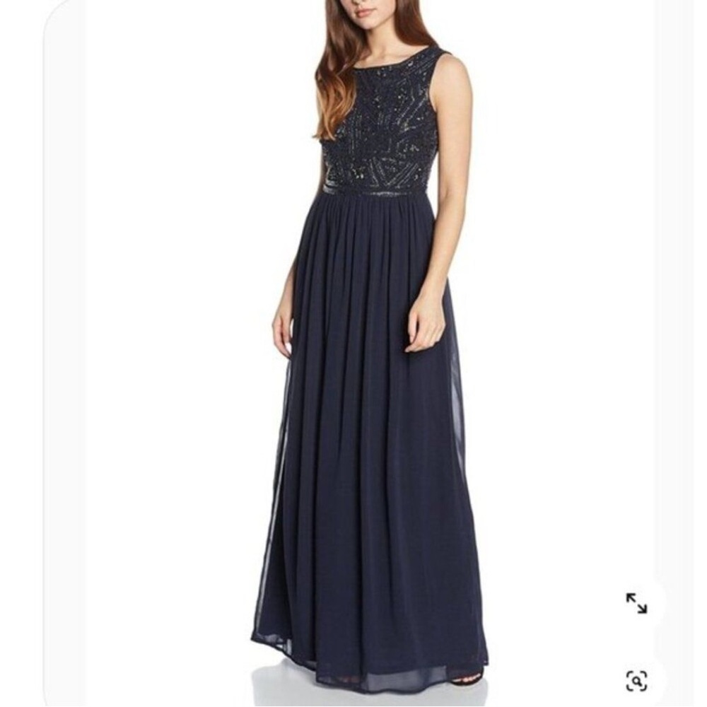 Adrianna Papell Navy Women Empire Waist Beaded Gown Dress
